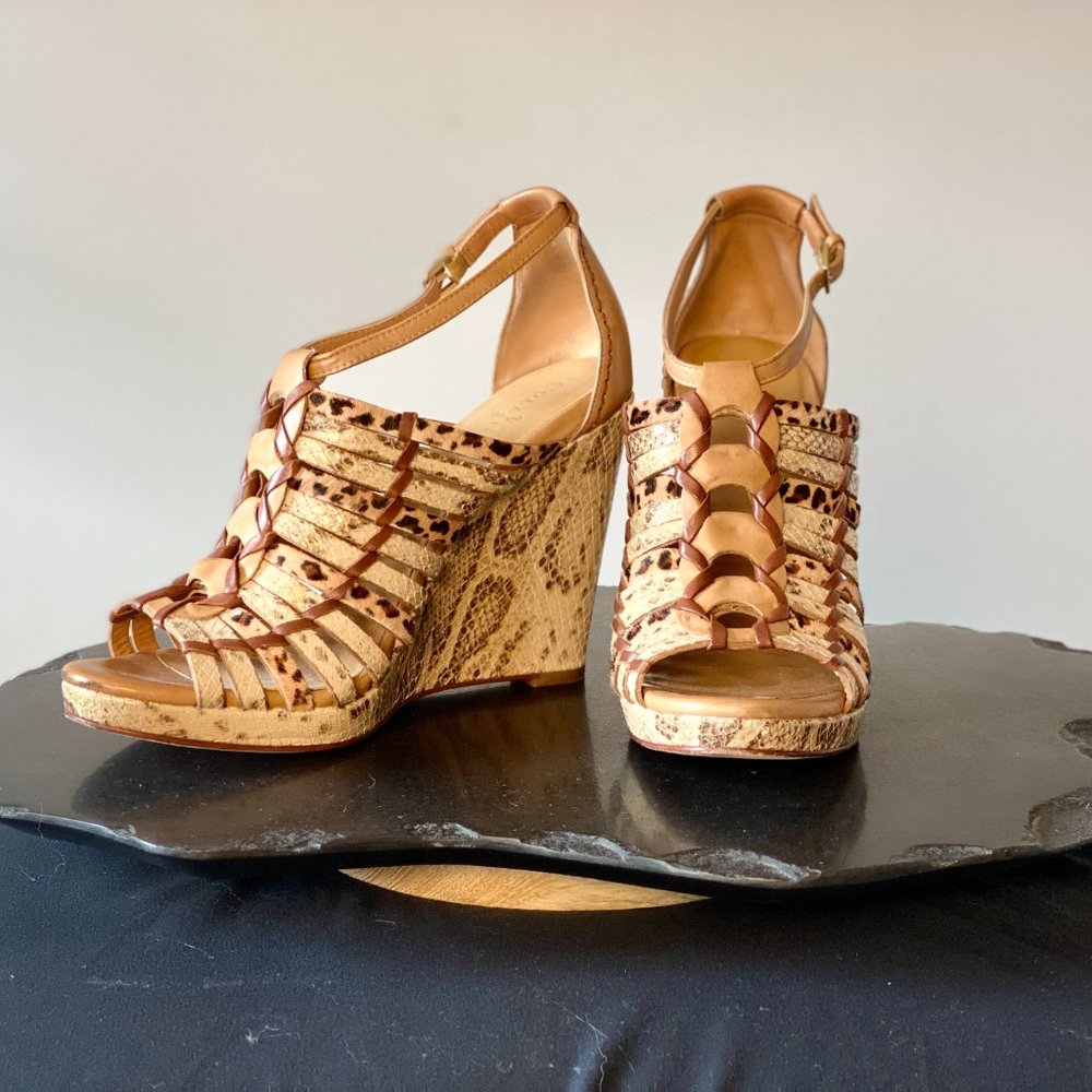 Cole Haan Air Minka Cream & Leopard Wedge Sandals (Sz. 9)
